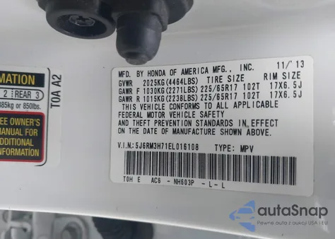 2014 Honda Cr-V Ex-L from USA, damaged, VIN 5J6RM3H71EL016108